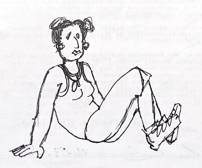 a doodle self portrait of a woman sitting on the floor