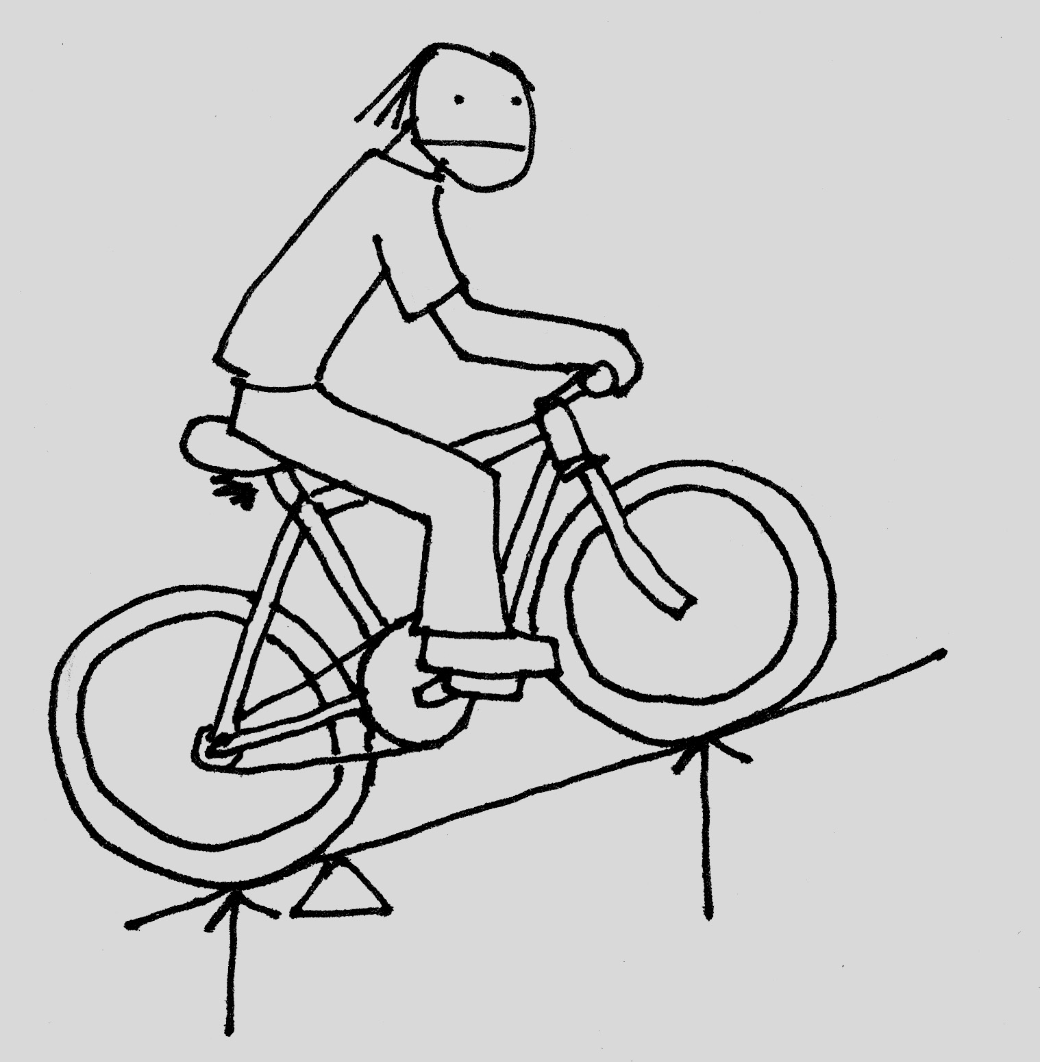 bicycle and rider going uphill, center of gravity slightly toward the back
